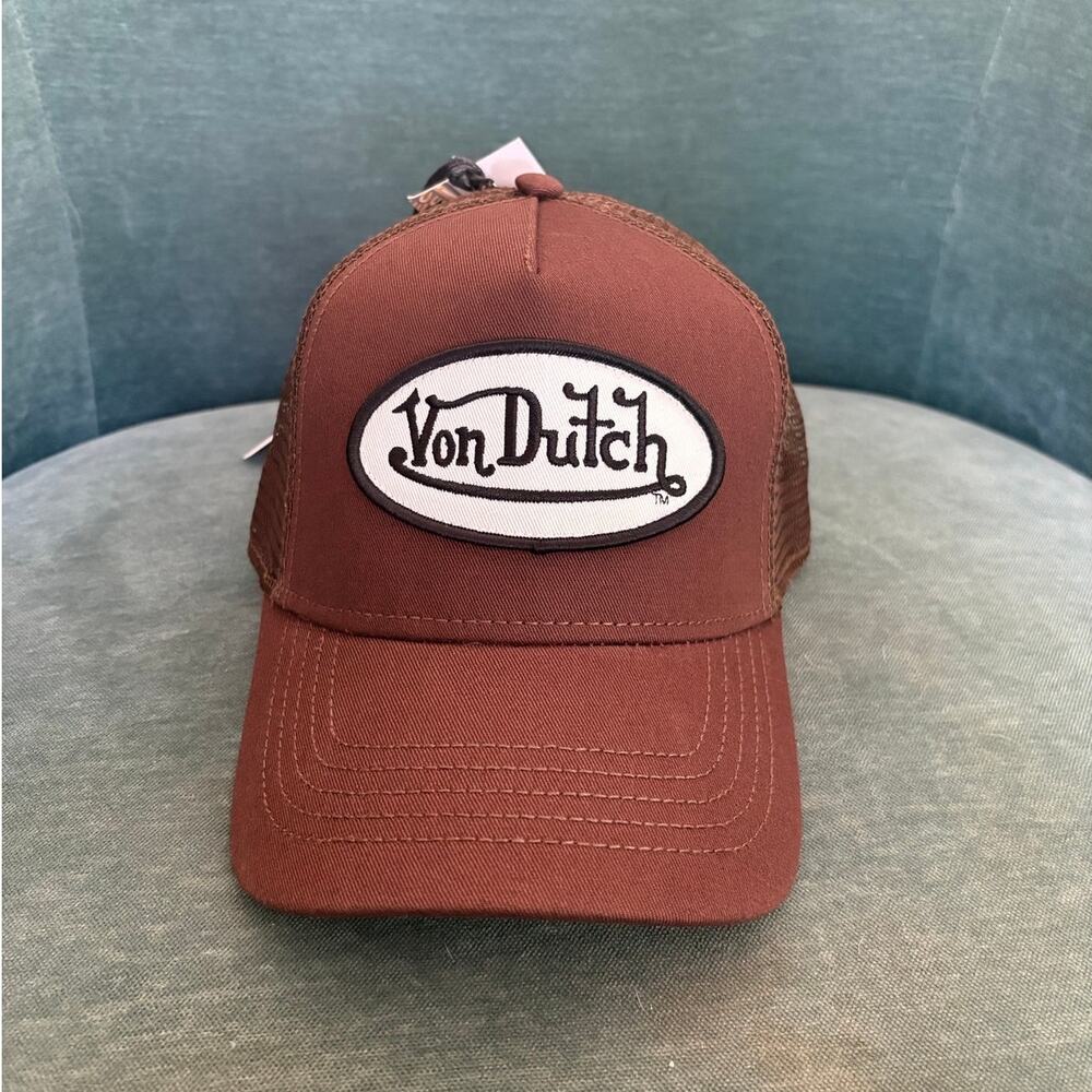 New Von Dutch Brown Trucker Hat with White Logo Patch